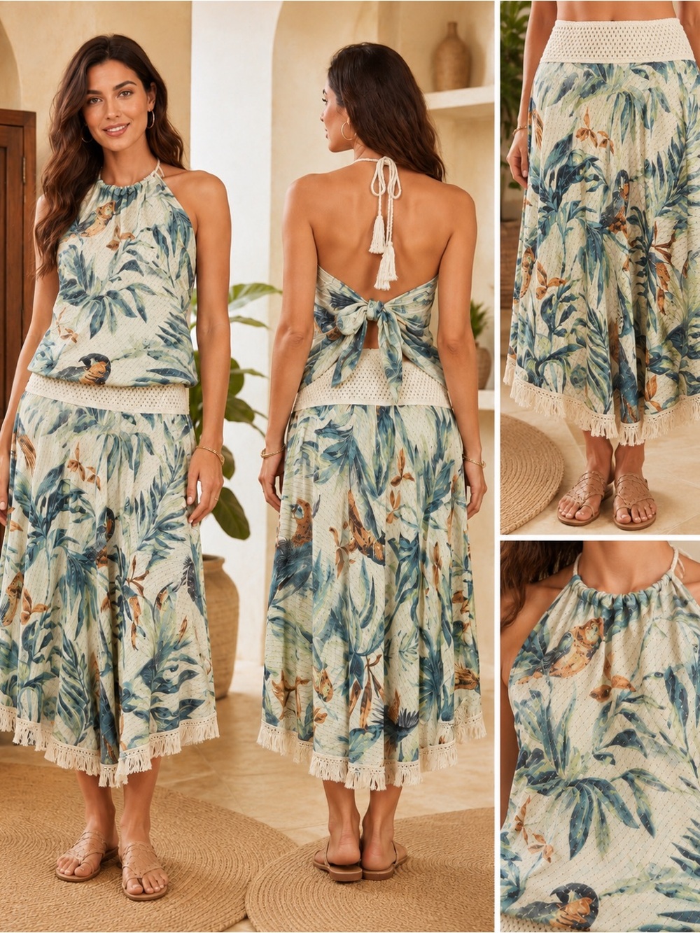NWOT Pop Saint Barth Tropical Bird Print Halter Top & Fringe Maxi Skirt Set Smal
